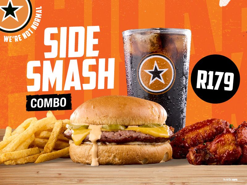 100g Beef Smash, 4 wings, fries and 500ml Soda only for R179. Available only on Click & Collect,or download the app. T&C's apply